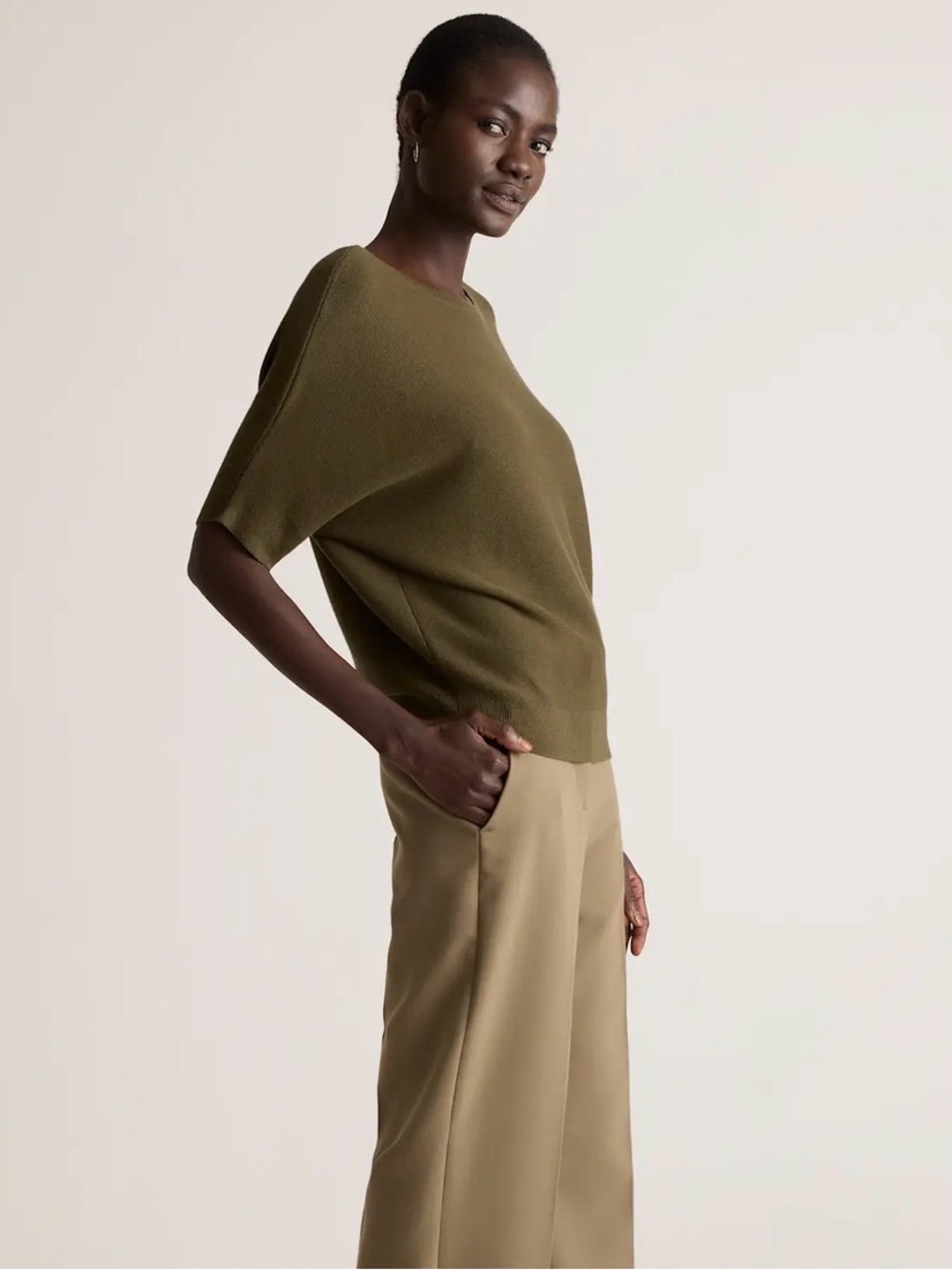 Quince| Lightweight Cotton Cashmere Link-Stitch Dolman Sweater | Olive | L